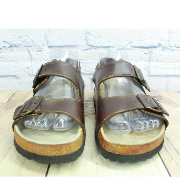 LL Bean Brown Oiled Leather Slingback Cork Buckled Casual Sandals Size 7.5 - Picture 4 of 9